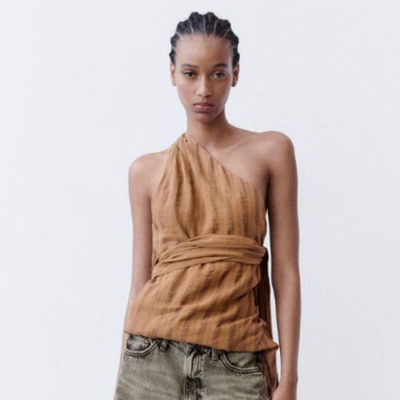 Zara Tops - ZARA One Shoulder Striped Beaded Dress Top Shirt Brown NEW 100% Cotton M